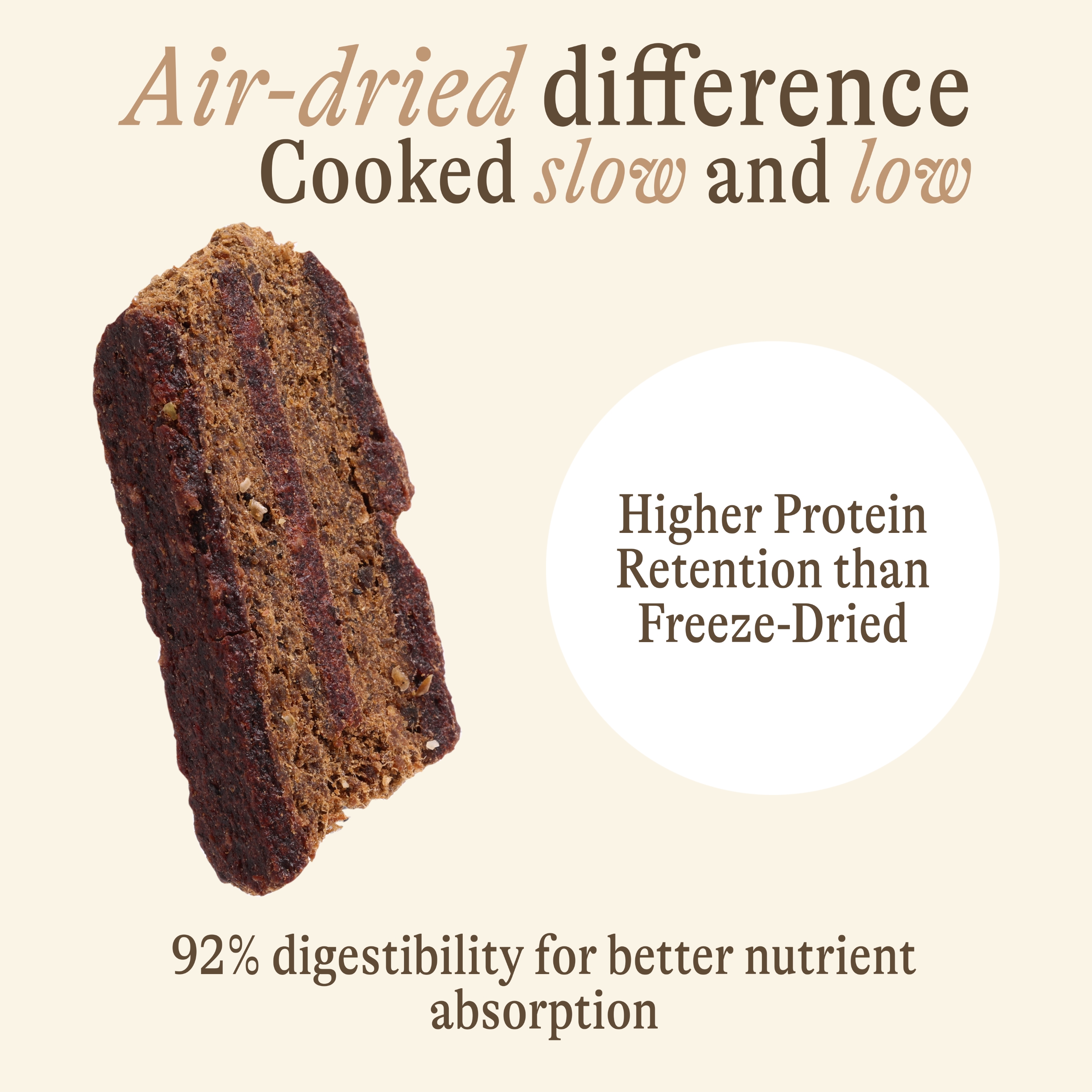A close-up of a piece of air-dried food, with text describing its benefits on a cream background.