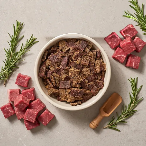 A bowl of chopped dried meat surrounded by cubes of raw beef, sprigs of rosemary, and a wooden scoop.