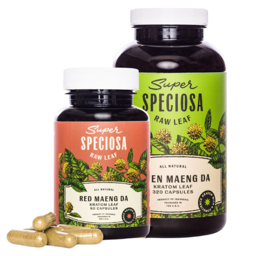 Two bottles of Super Speciosa kratom capsules with green and red labels.