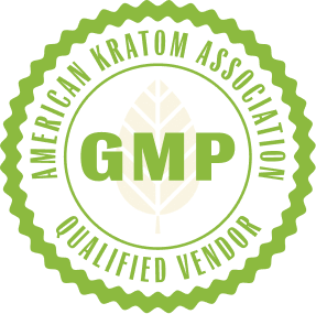 Green and white seal with 'American Kratom Association GMP Qualified Vendor' text.