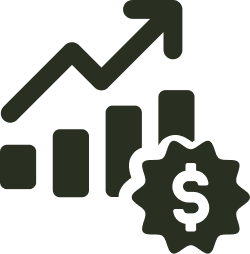 Icon of a bar chart with an upward arrow and a dollar symbol.