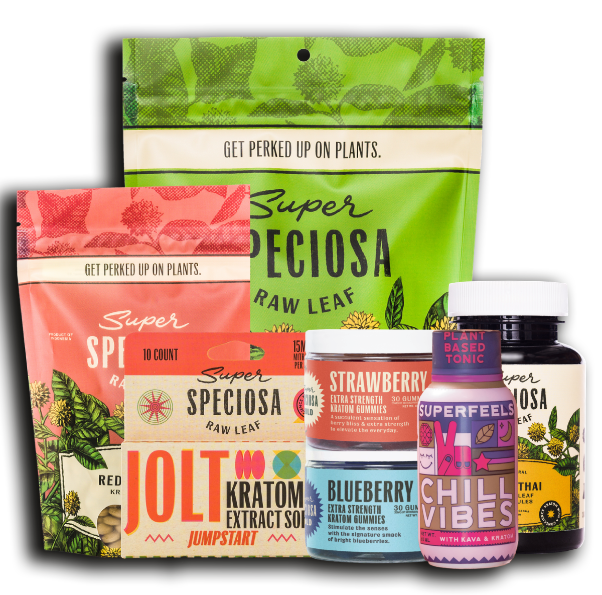 Assorted Super Speciosa kratom products including powders, gummies, and a tonic bottle.