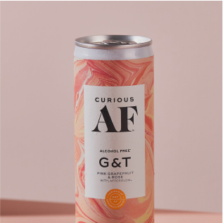 A can of Curious AF alcohol-free grapefruit and rose G&T.