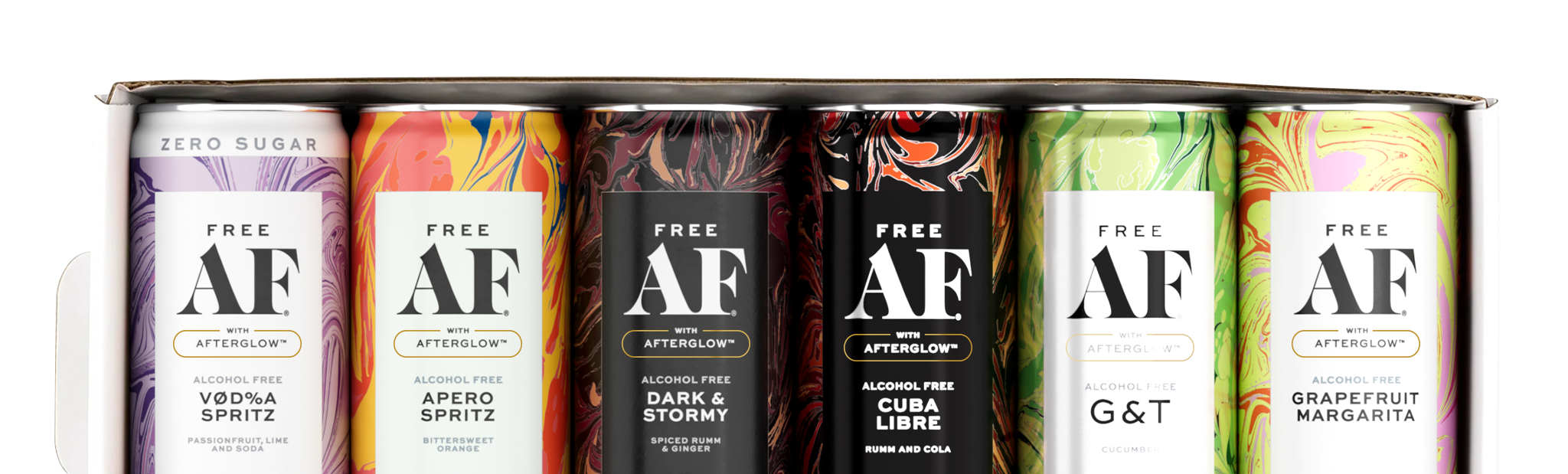 Six colorful cans of alcohol-free beverages in a box.