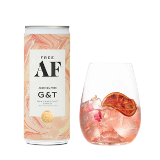 A can of Free AF G&T and a glass with ice and dried citrus.