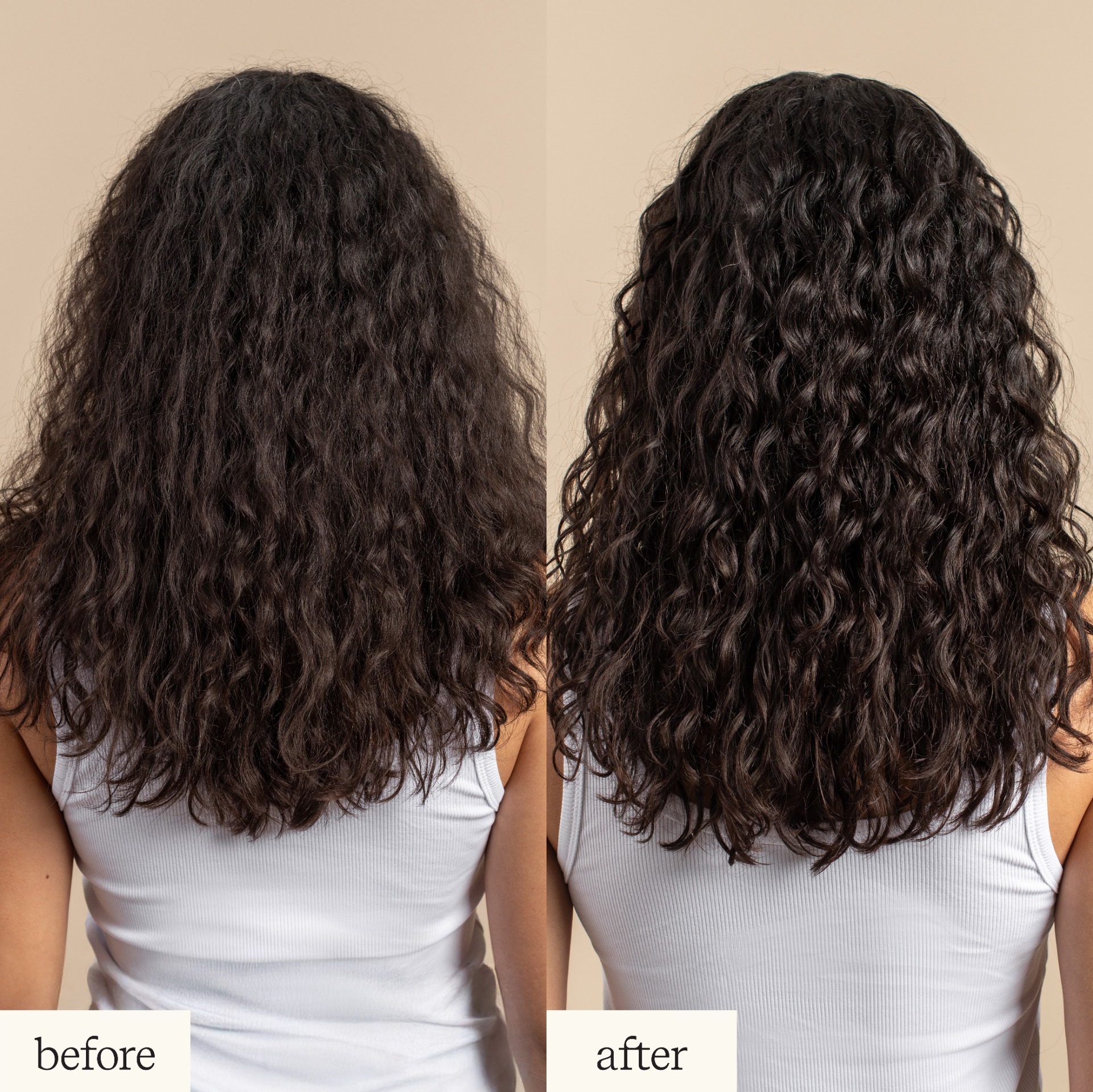 Before and after comparison of curly hair treatment.