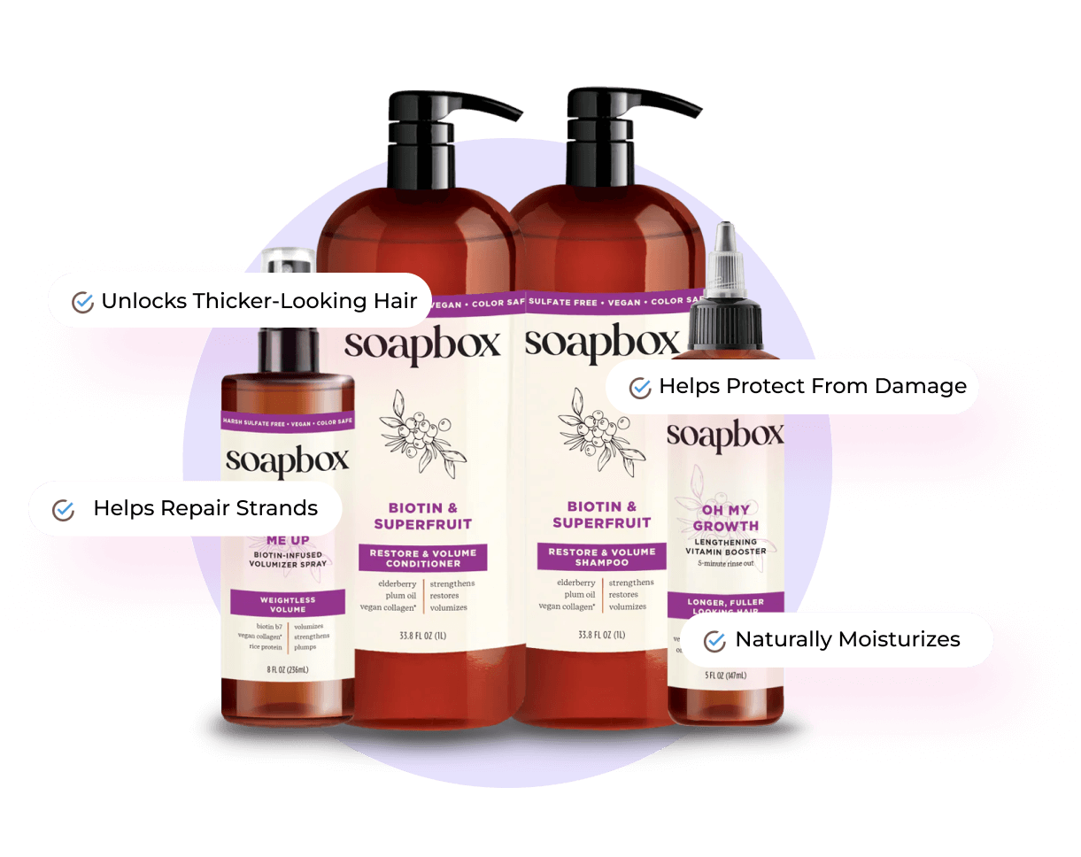 Three Soapbox hair care products with benefits highlighted in text bubbles.