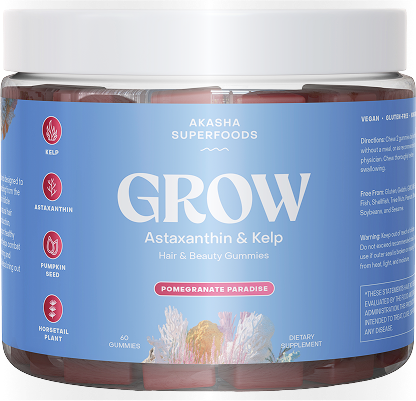 Jar of Akasha Superfoods Grow gummies with blue label and ingredients listed.