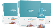 Packaging of sea moss gel products with blue and white design.