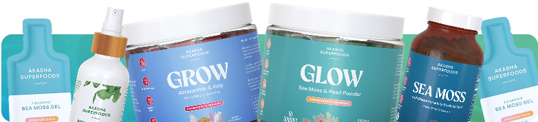 Various Akasha Superfoods products including sea moss gel and supplements.