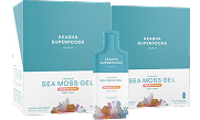 Packaging of Akasa Superfood Sea Moss Gel with colorful seaweed illustration.