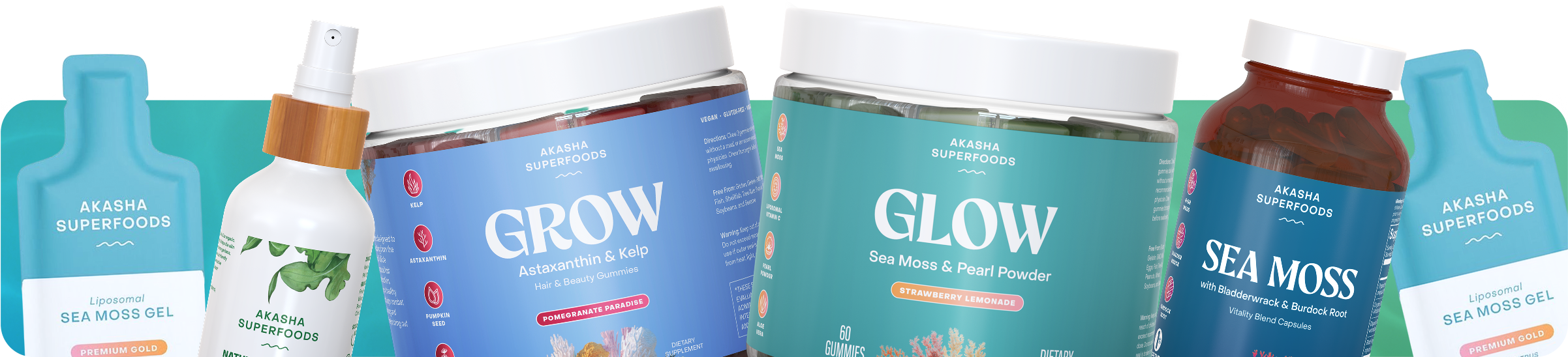 Assorted Akasha Superfoods products including gels, gummies, and capsules.
