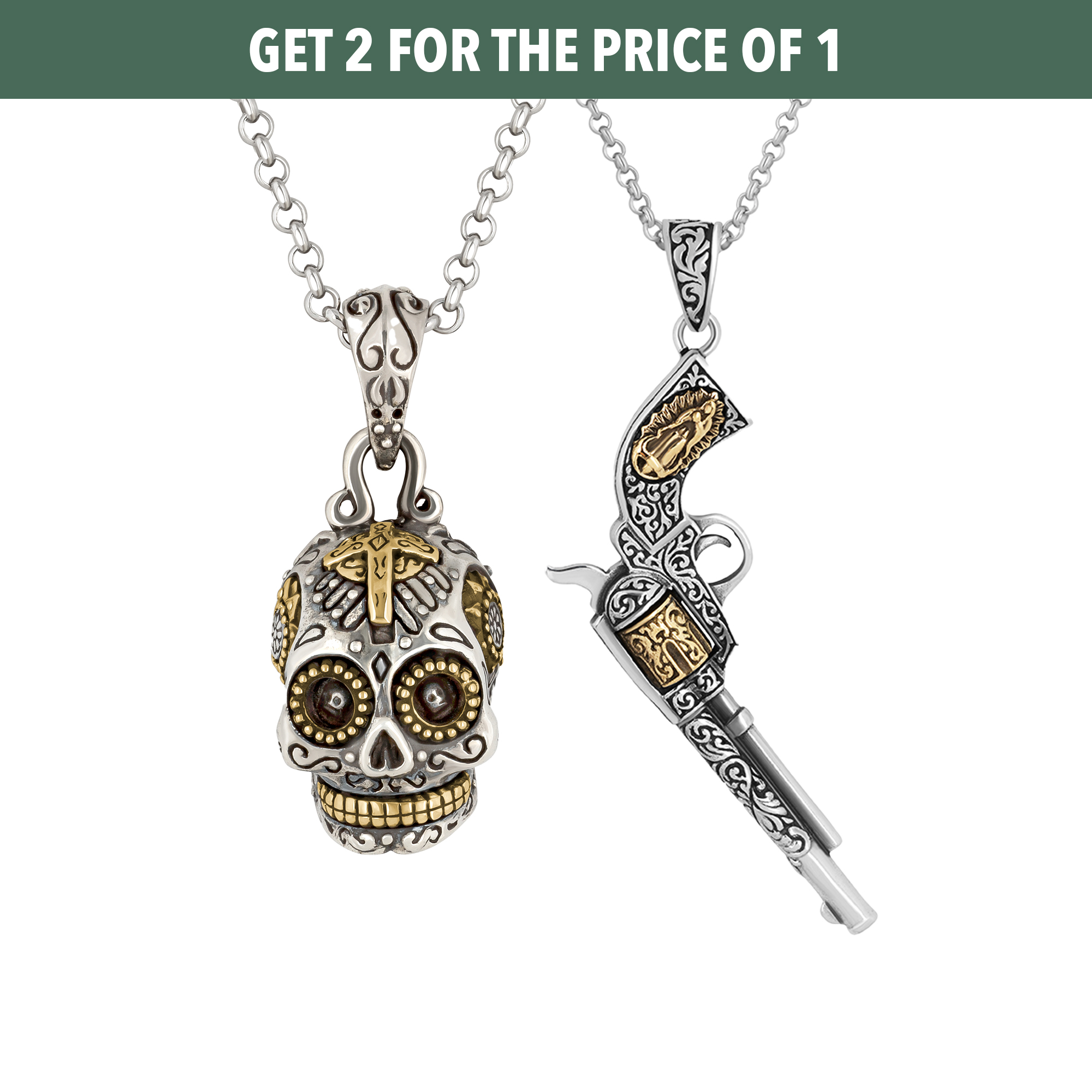 Skull and revolver pendant necklaces with intricate gold and silver detailing.