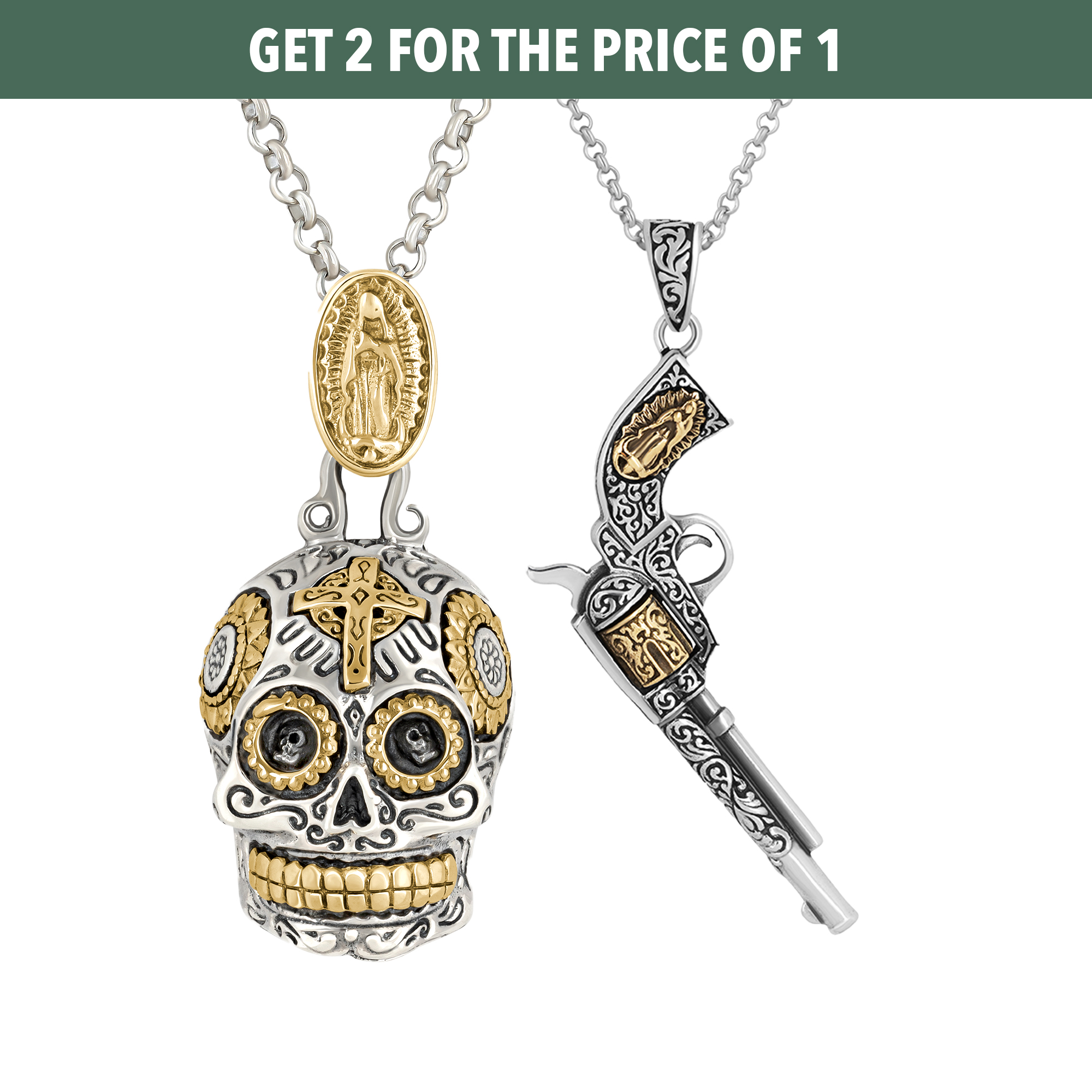 Skull and gun-shaped pendants with intricate gold and silver detailing.