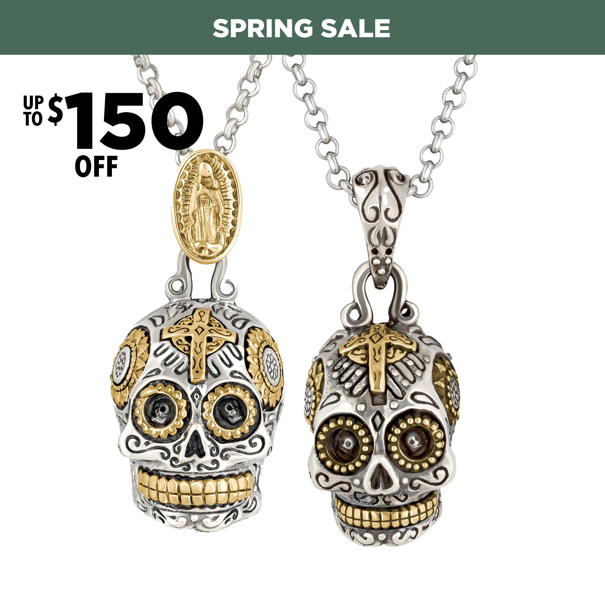 Two ornate skull pendants with gold details, advertised in a winter sale.