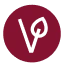 A maroon circle with a white leaf and letter 'V' inside.