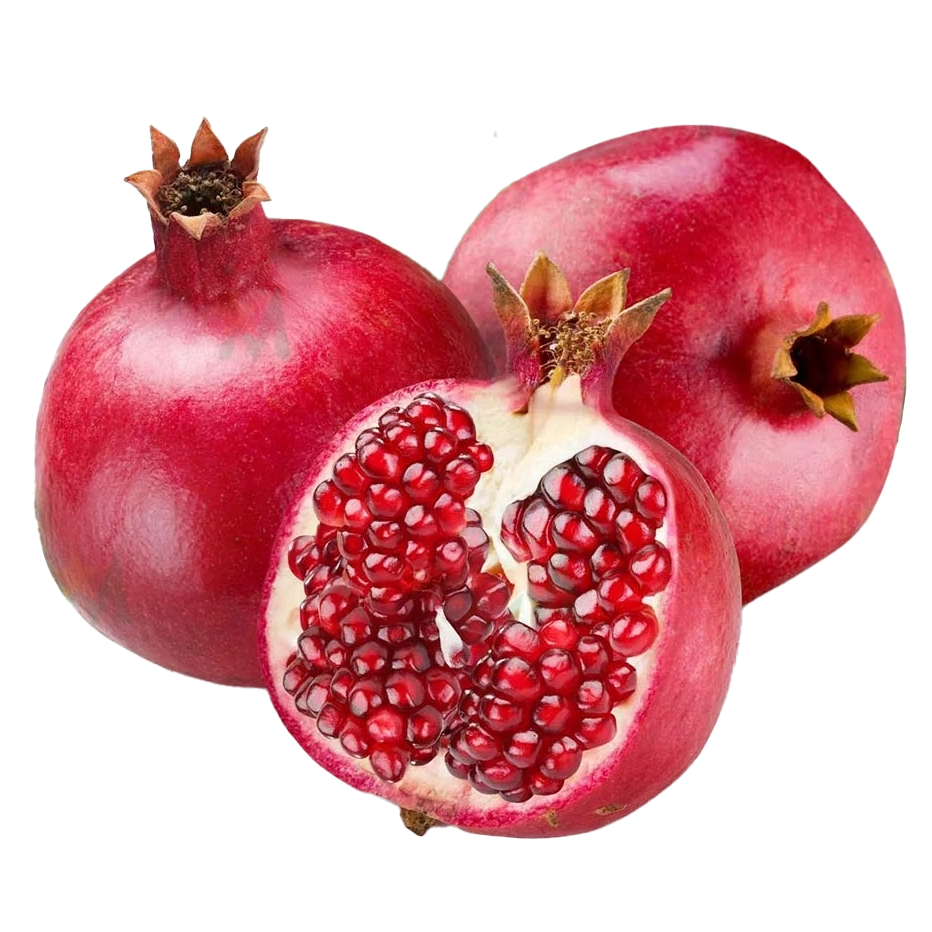 Two whole pomegranates and one cut in half, isolated against a white background.