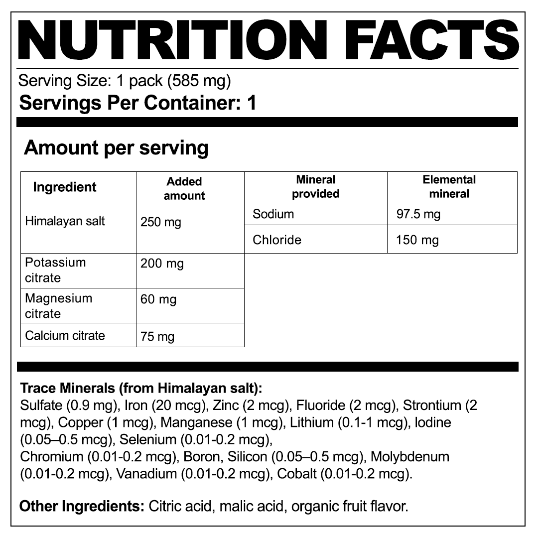 A nutrition facts label showing ingredients and mineral content for a single serving pack.