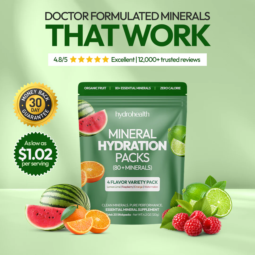 Packaging of hydrohealth mineral hydration packs with fruit illustrations, reviews, and pricing details.