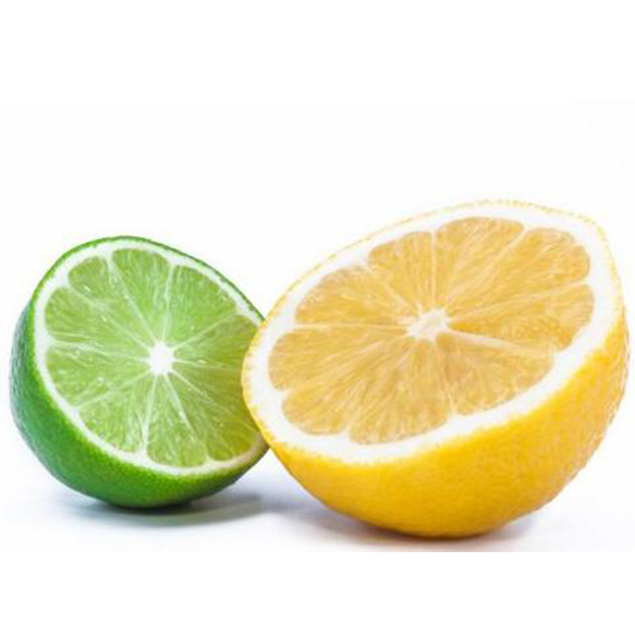 Halved lime and lemon on a white background.