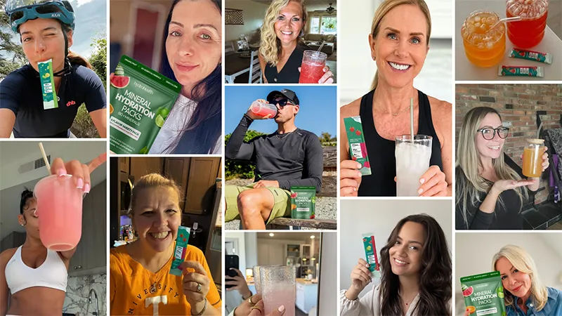 Collage of people holding and drinking various beverages with hydration packs.