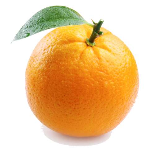 An orange with a green leaf attached.
