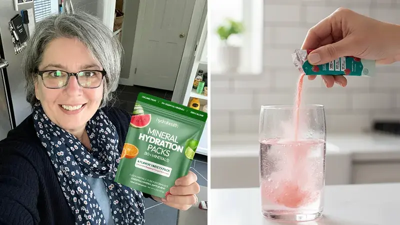 Person holding mineral hydration pack; powder being poured into a glass of water.
