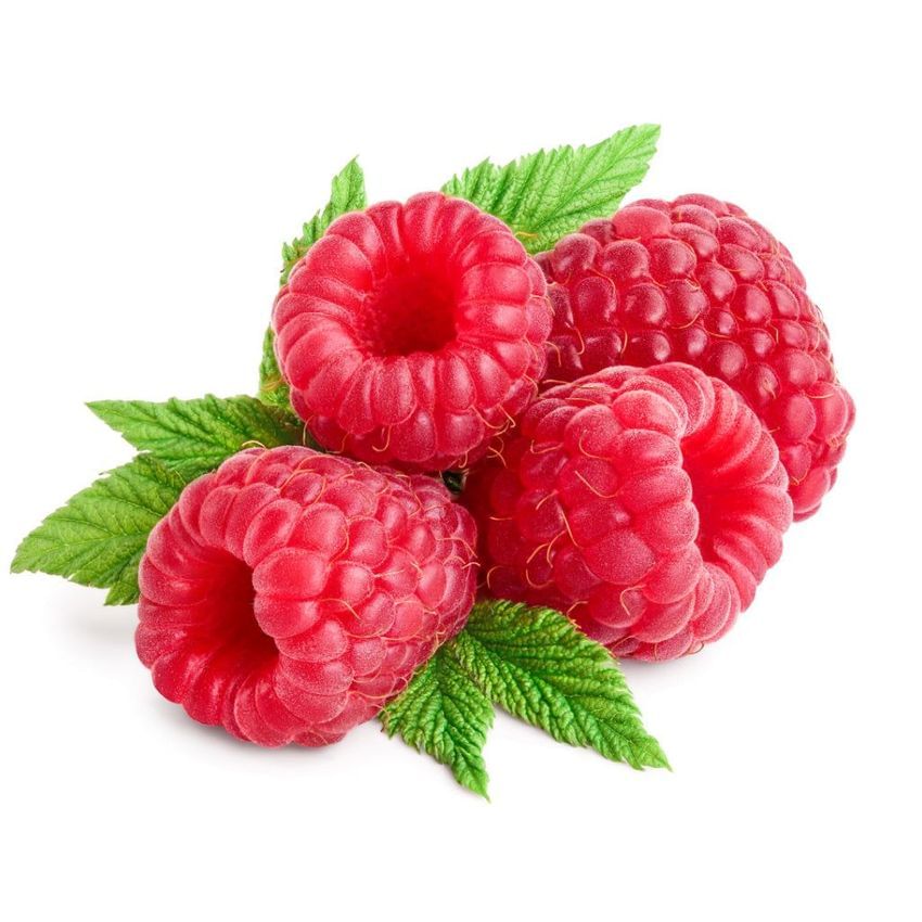 Cluster of fresh red raspberries with green leaves on a white background.