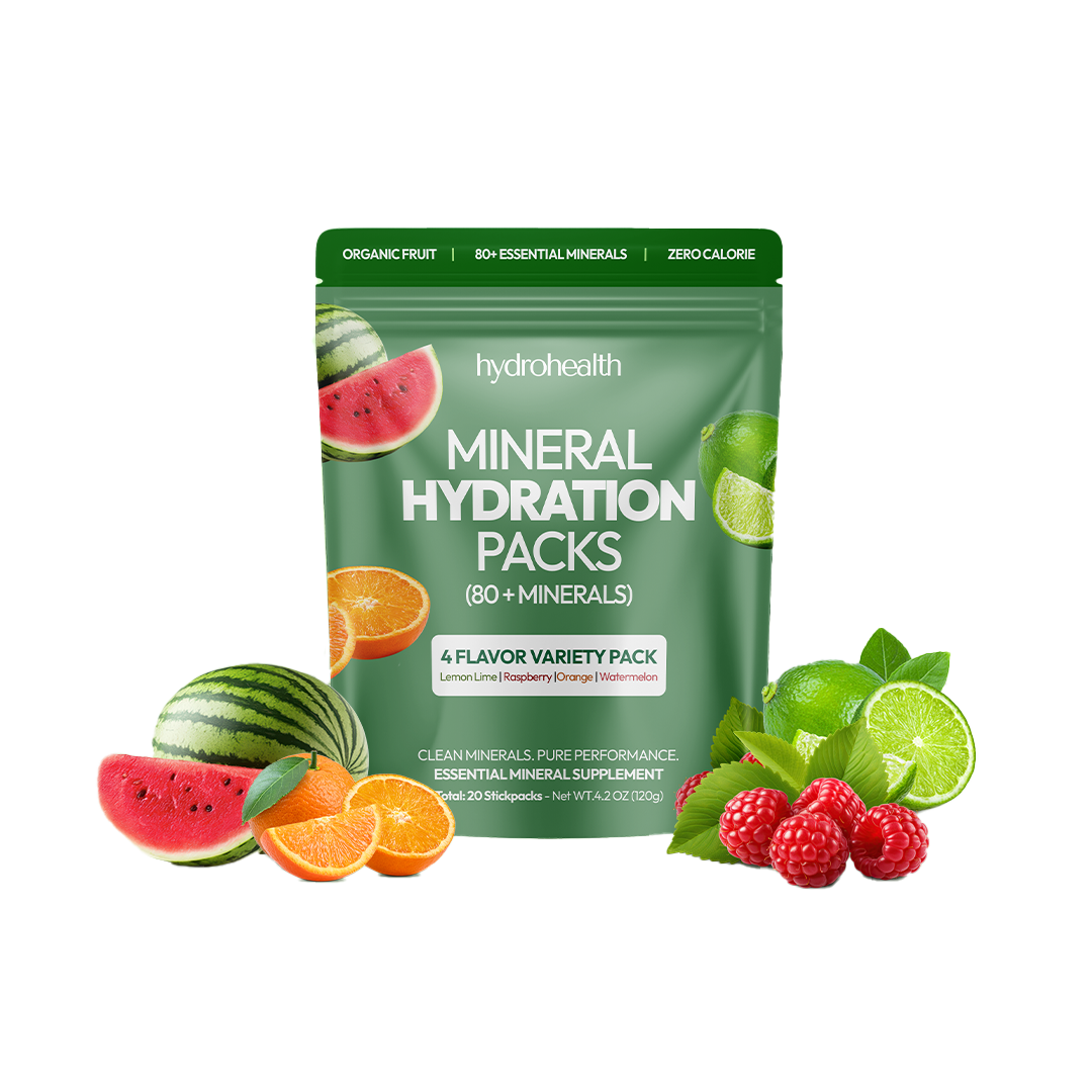 Green packet of mineral hydration packs with assorted fruits: watermelon, orange, lime, and raspberries.