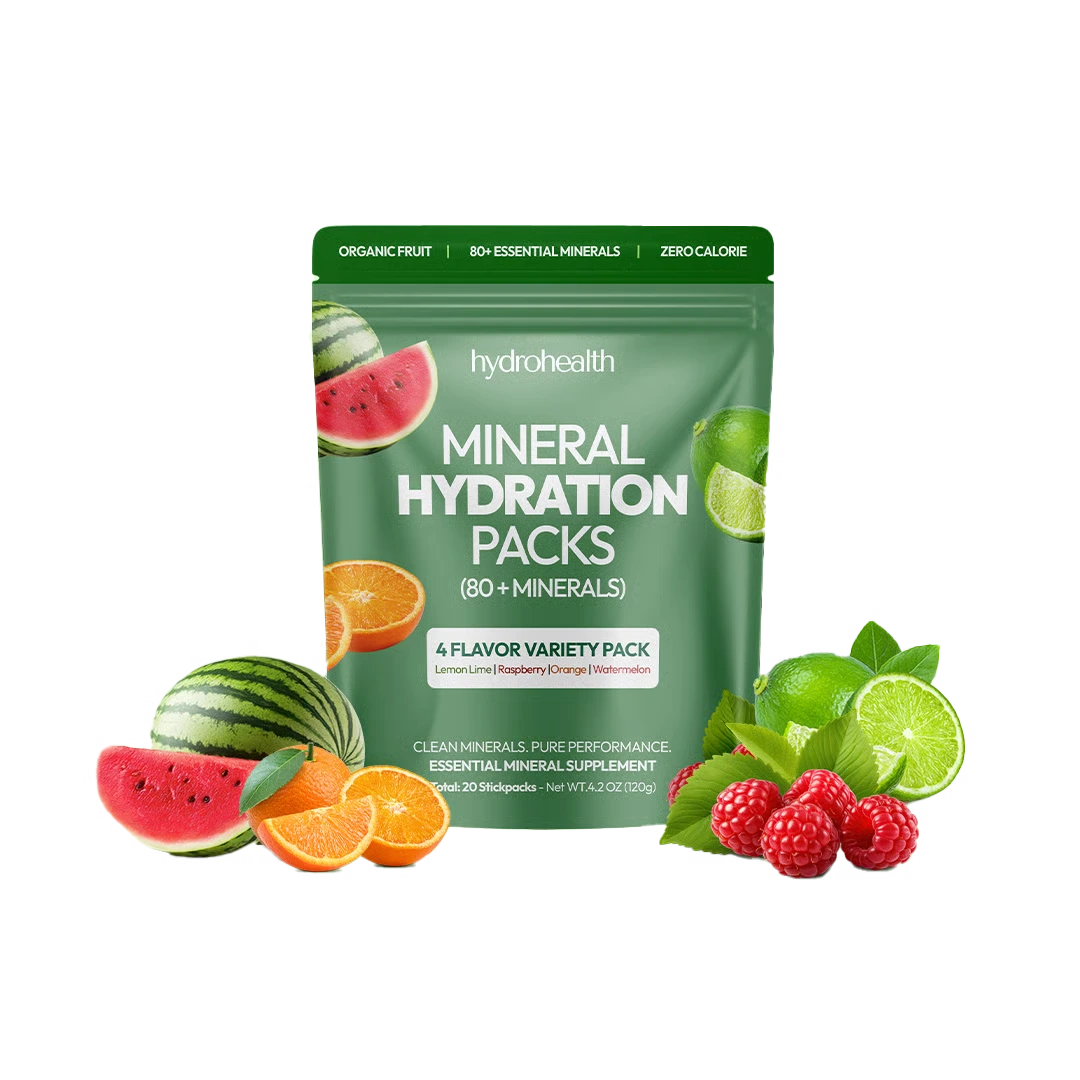 Green pouch of mineral hydration packs with fruits: watermelon, orange, lime, raspberry.
