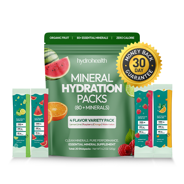 Mineral hydration packs with fruit flavors and 30-day guarantee label.