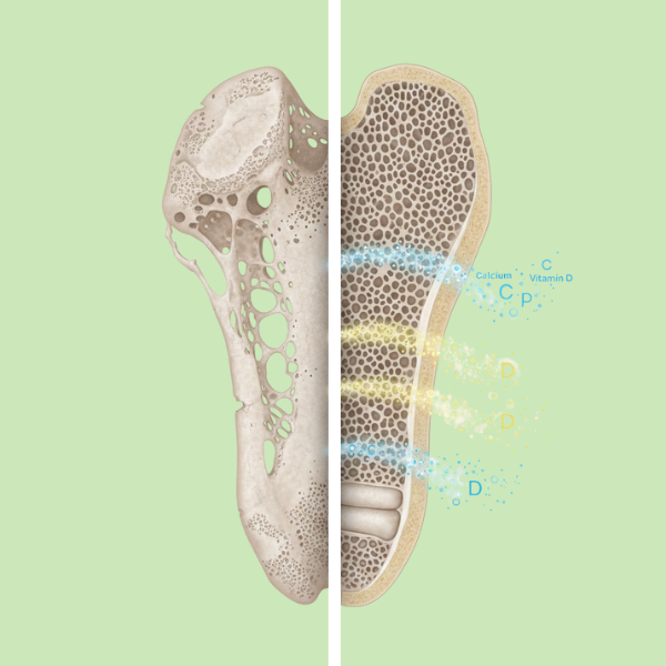 Split image of bone density with calcium and vitamin D effects visualized.