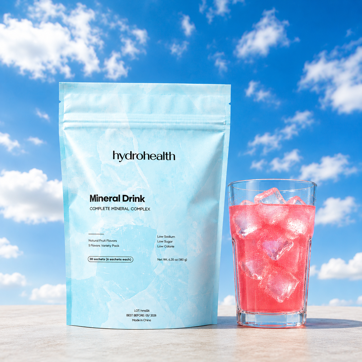 A pouch of Hydrohealth Mineral Drink next to a glass of pink iced beverage against a sky background.