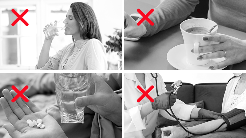 Four black-and-white photos with red X marks; woman drinking, coffee, pills, blood pressure check.