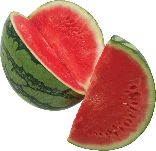 A sliced watermelon with red flesh and green rind.