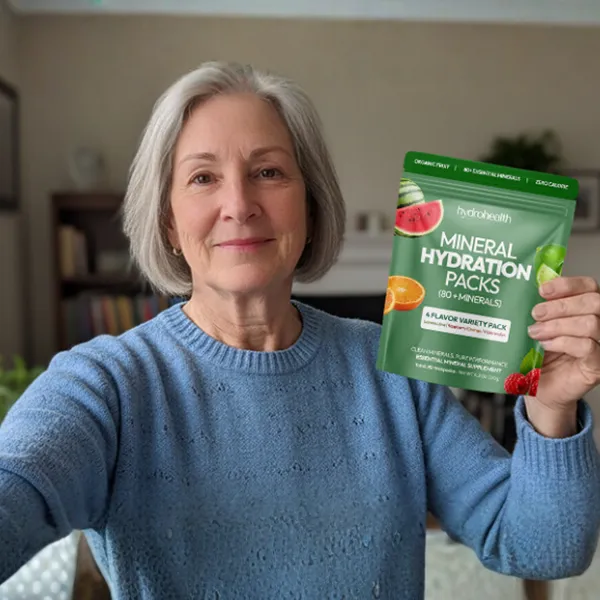 Person holding a packet of mineral hydration packs in a room.
