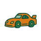 Illustration of an orange car with green wheels and windows.