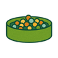 Illustration of a green bowl filled with colorful round objects.