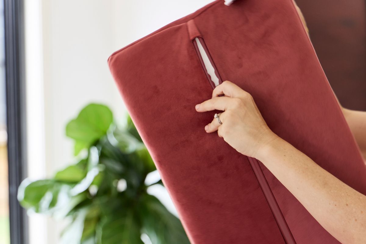 Person holding a red cushion with a zipper, plant in background.
