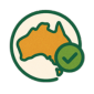 Map of Australia with a green checkmark inside a circle.