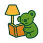 Illustration of a green bear reading a book under a lamp.