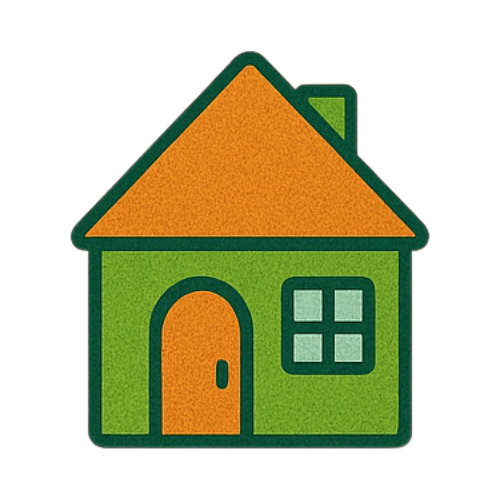 Illustration of a simple house with an orange roof and green walls.