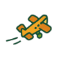Illustration of a small, yellow and green biplane in flight.