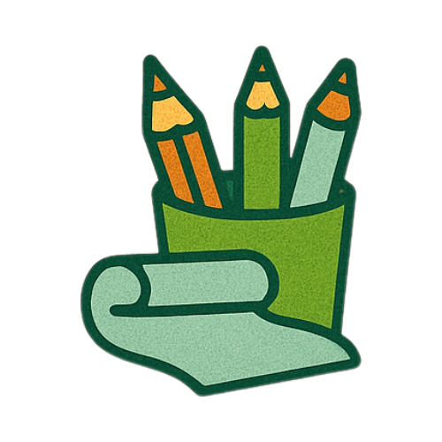 Illustration of three colored pencils in a holder with a rolled paper.