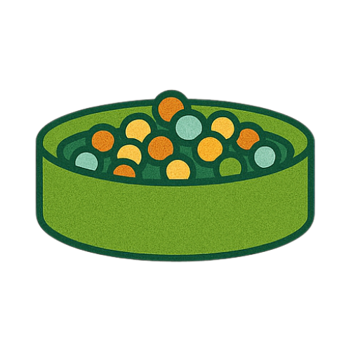Illustration of a green bowl filled with colorful round objects.