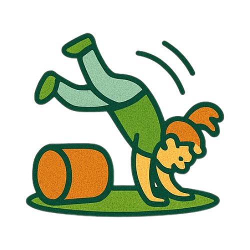 Illustration of a person doing a handstand on a grassy surface with a log nearby.