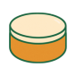 Illustration of a round, orange and cream container with a green outline.