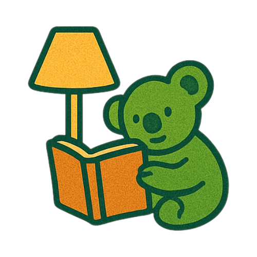 Illustration of a green bear reading a book under a lamp.