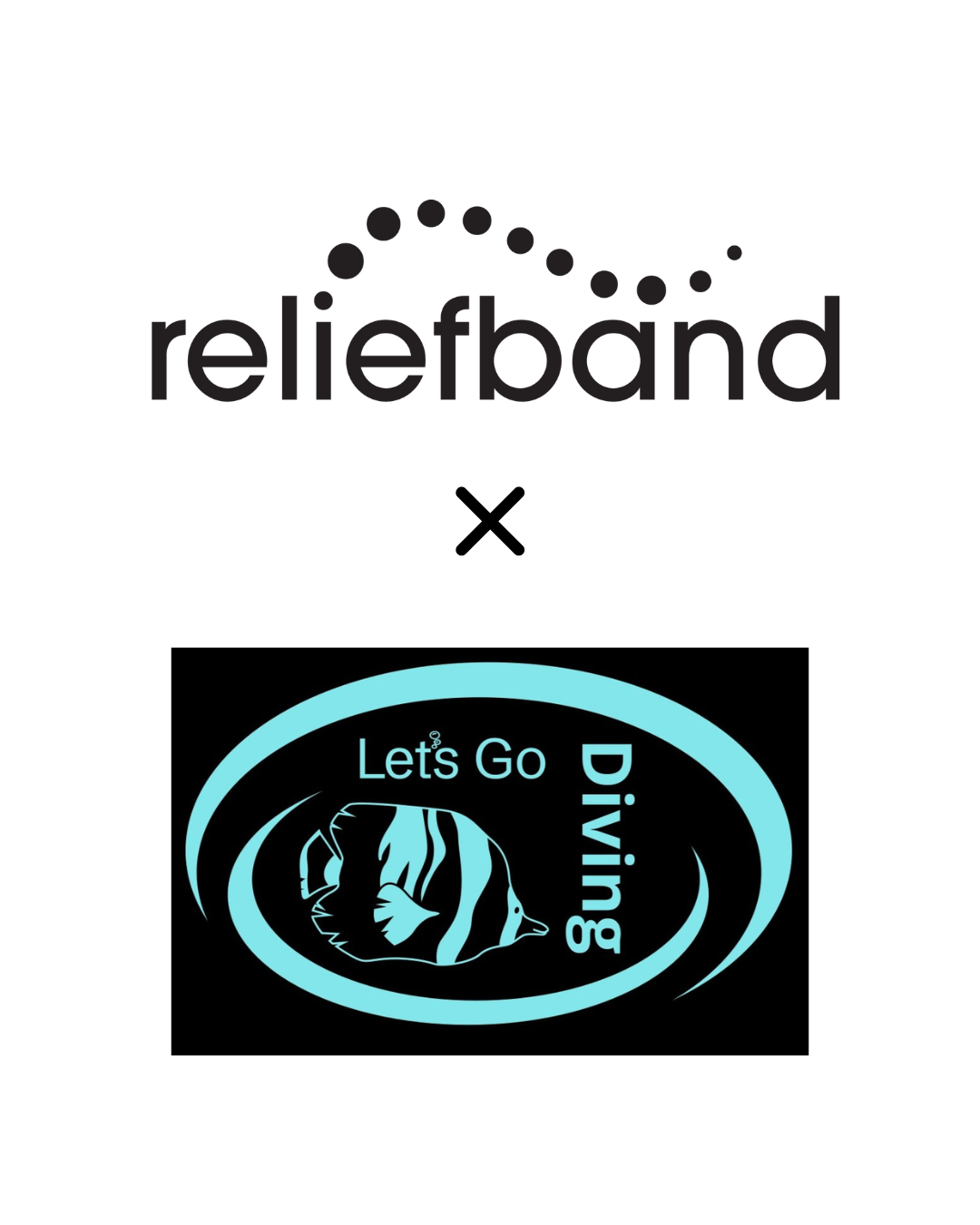 Logos of 'reliefband' and 'Let's Go Diving' with a fish illustration.