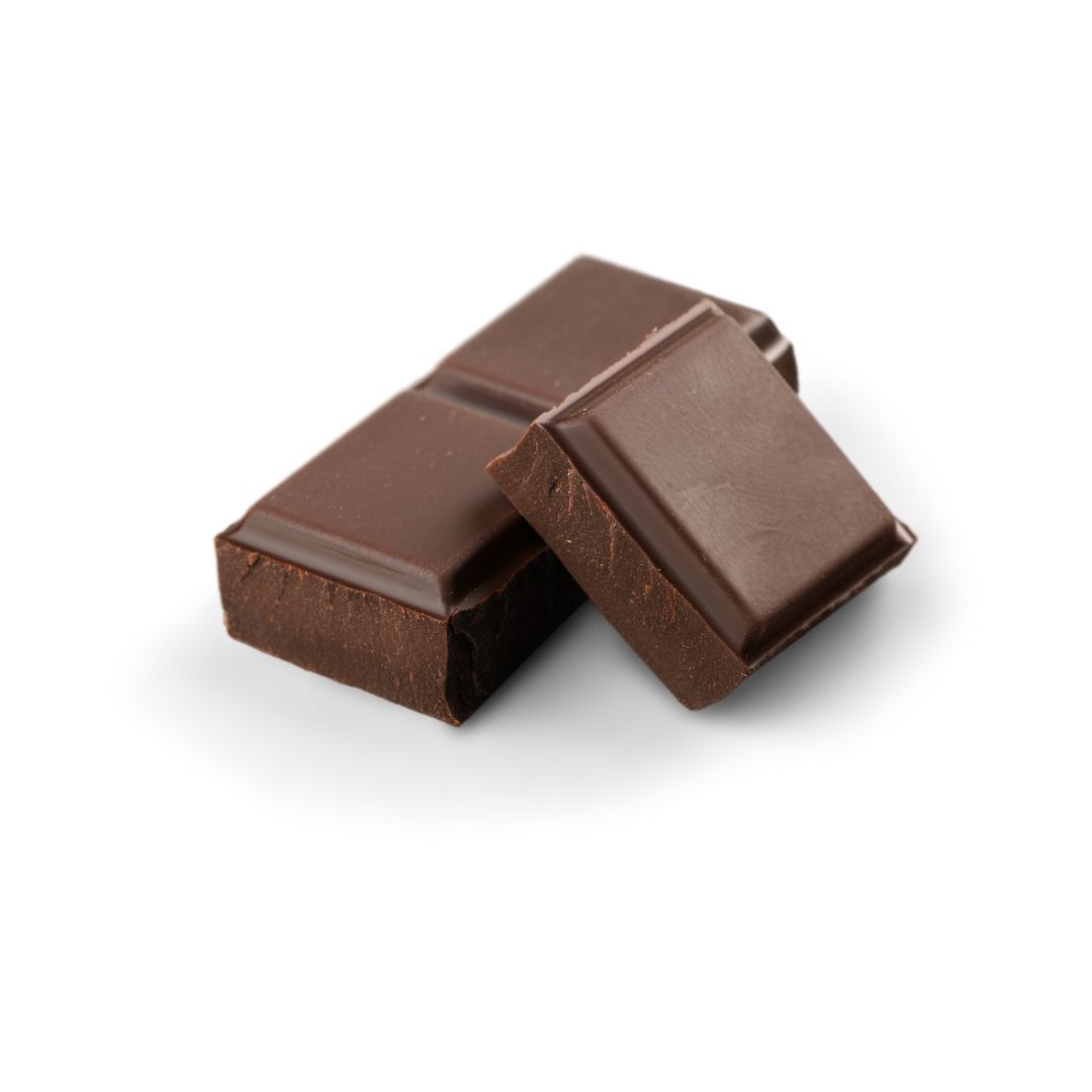 Two pieces of dark chocolate on a white background.
